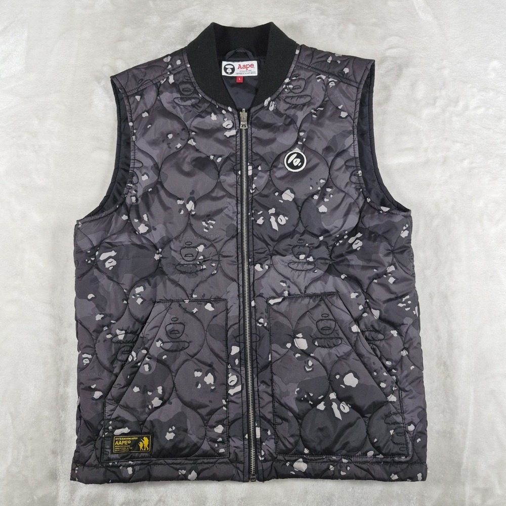 AAPE By A Bathing Ape Vest Men's Large Black Gray Streetwear Puffer Quilted Camo